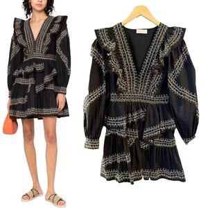 ULLA JOHNSON Anais Mini Dress Ruffle Embroidered V-Neck Black Noir Cotton 2 NWT